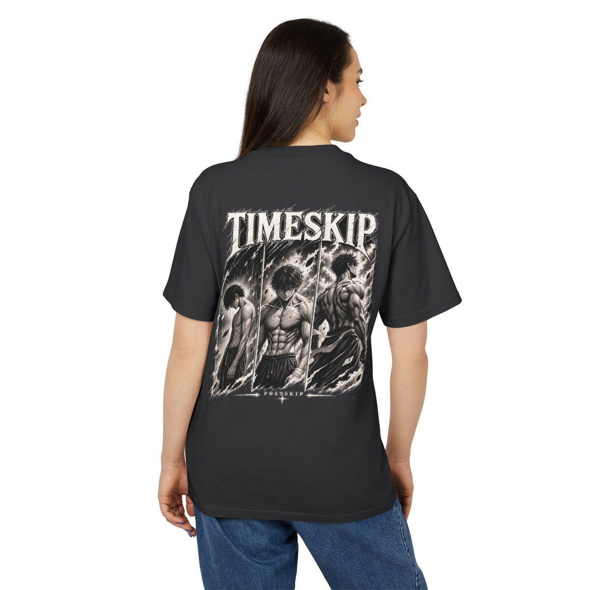 TIMESKIP manga-inspired faded-black oversized tee, supplier digital mockup 4