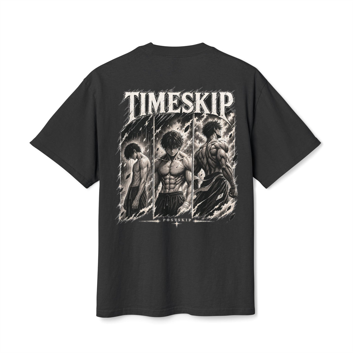 TIMESKIP manga-inspired faded-black oversized tee, supplier digital mockup 1